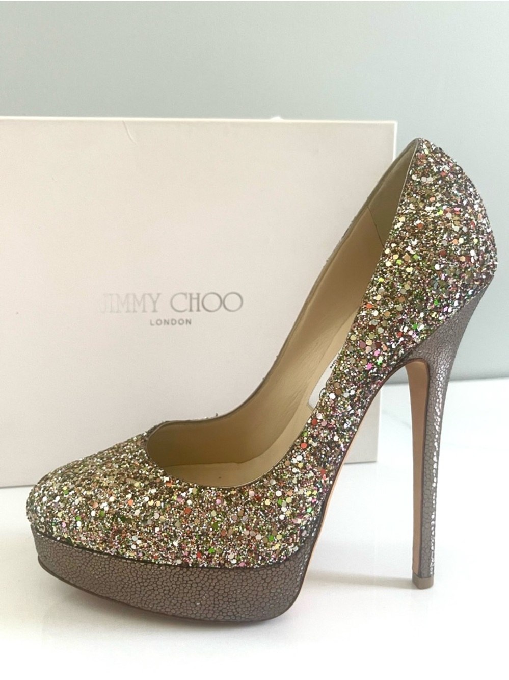AUTHENTIC JIMMY CHOO GLITER PLATFORM HEELS